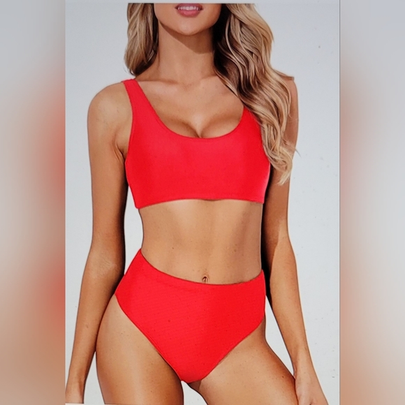 NWT SPORTS BRA BIKINI PADDED SUPPORT HIGH LEG BAYWATCH RED MEDIUM SWIM - Picture 6 of 11